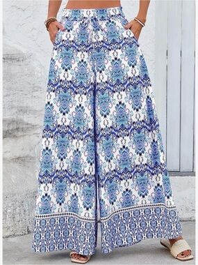 Bohemian Wide-Leg Print Palazzo Pants - Blue/White